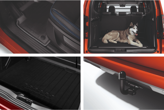 Das Bild zeigt das "Family-Paket" von Nissan mit Gummi-Fußmatten, einer Kofferraumwanne, einem Gepäckraum-Trenngitter und einer abnehmbaren Anhängerkupplung.